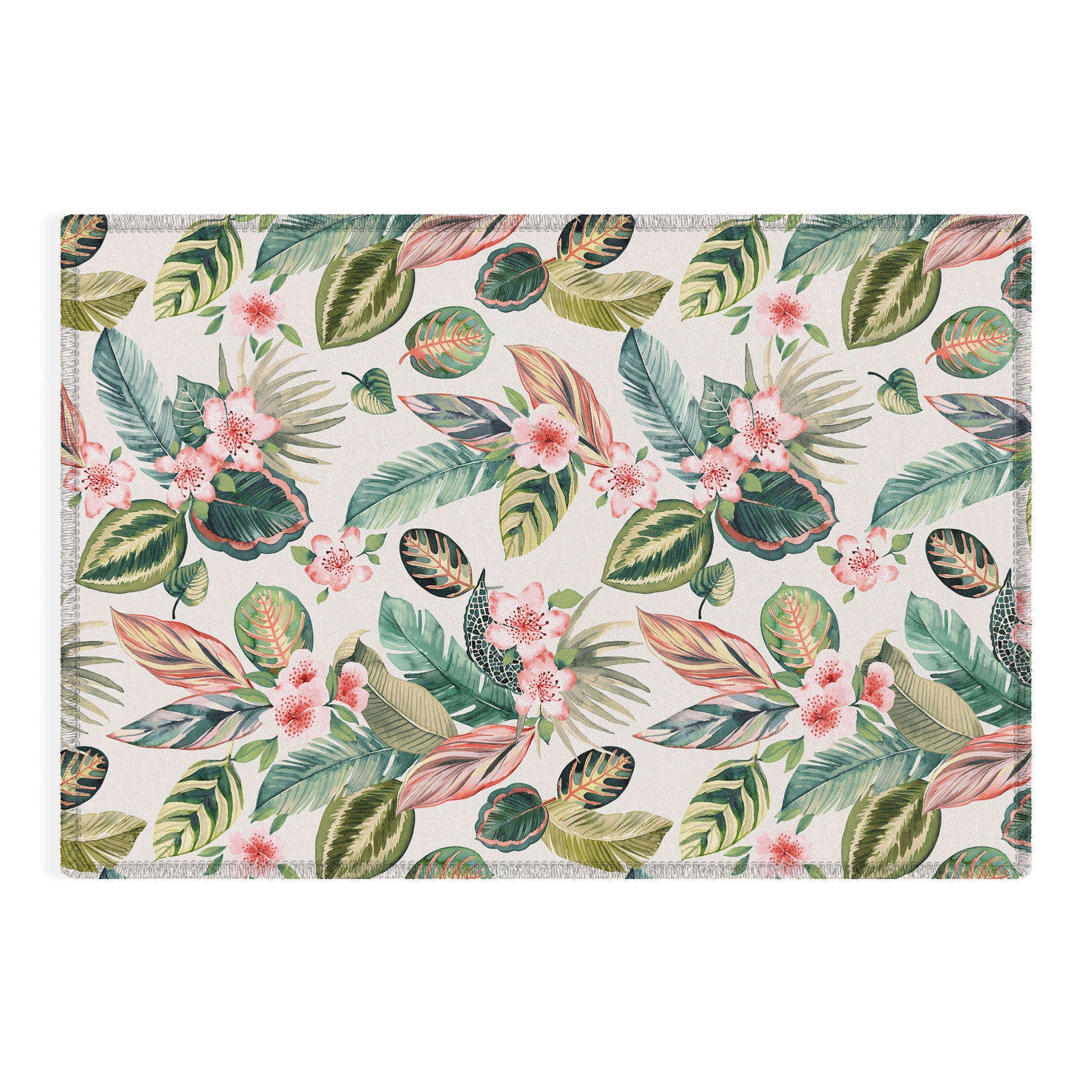 Ninola Design Botanic Retreat Tropical Leaves Flowers Pink Green Outdoor Rug