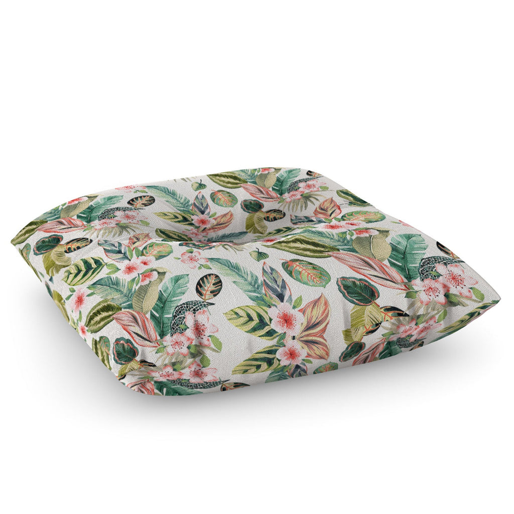 Ninola Design Botanic Retreat Tropical Leaves Flowers Pink Green Floor Pillow Square