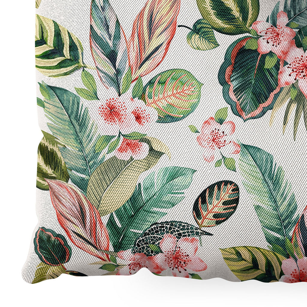 Ninola Design Botanic Retreat Tropical Leaves Flowers Pink Green Floor Pillow Square