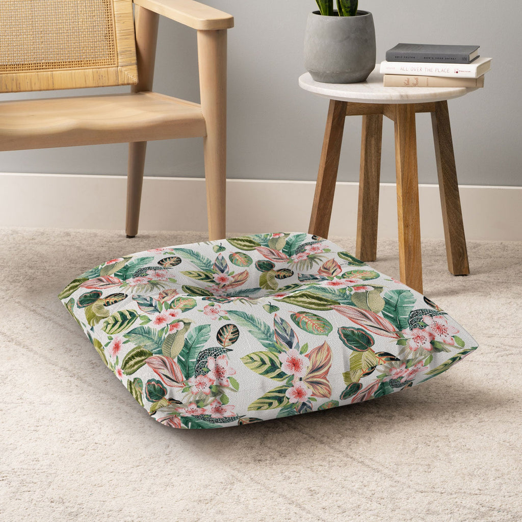 Ninola Design Botanic Retreat Tropical Leaves Flowers Pink Green Floor Pillow Square