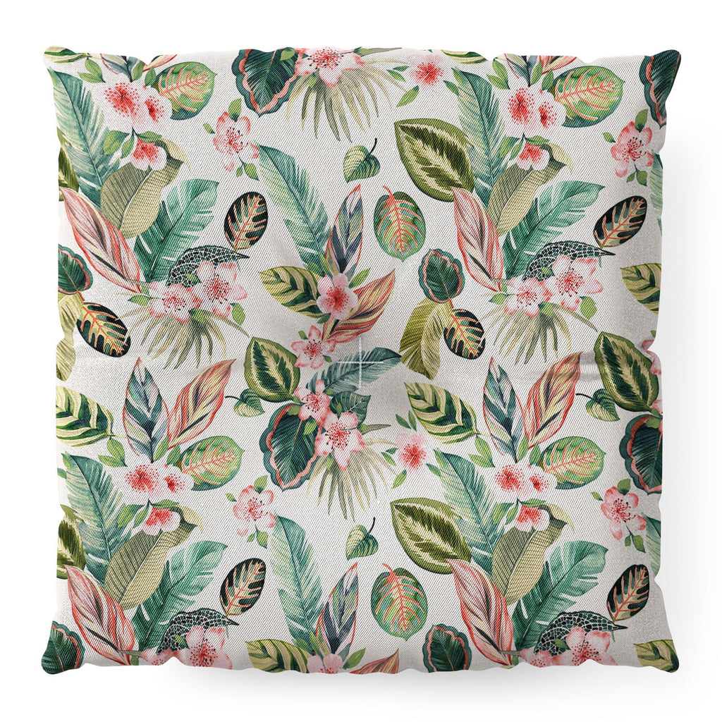 Ninola Design Botanic Retreat Tropical Leaves Flowers Pink Green Floor Pillow Square