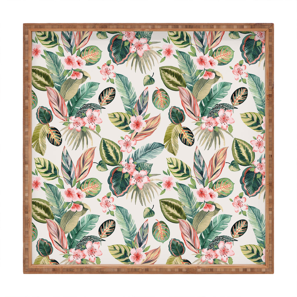 Ninola Design Botanic Retreat Tropical Leaves Flowers Pink Green Square Tray
