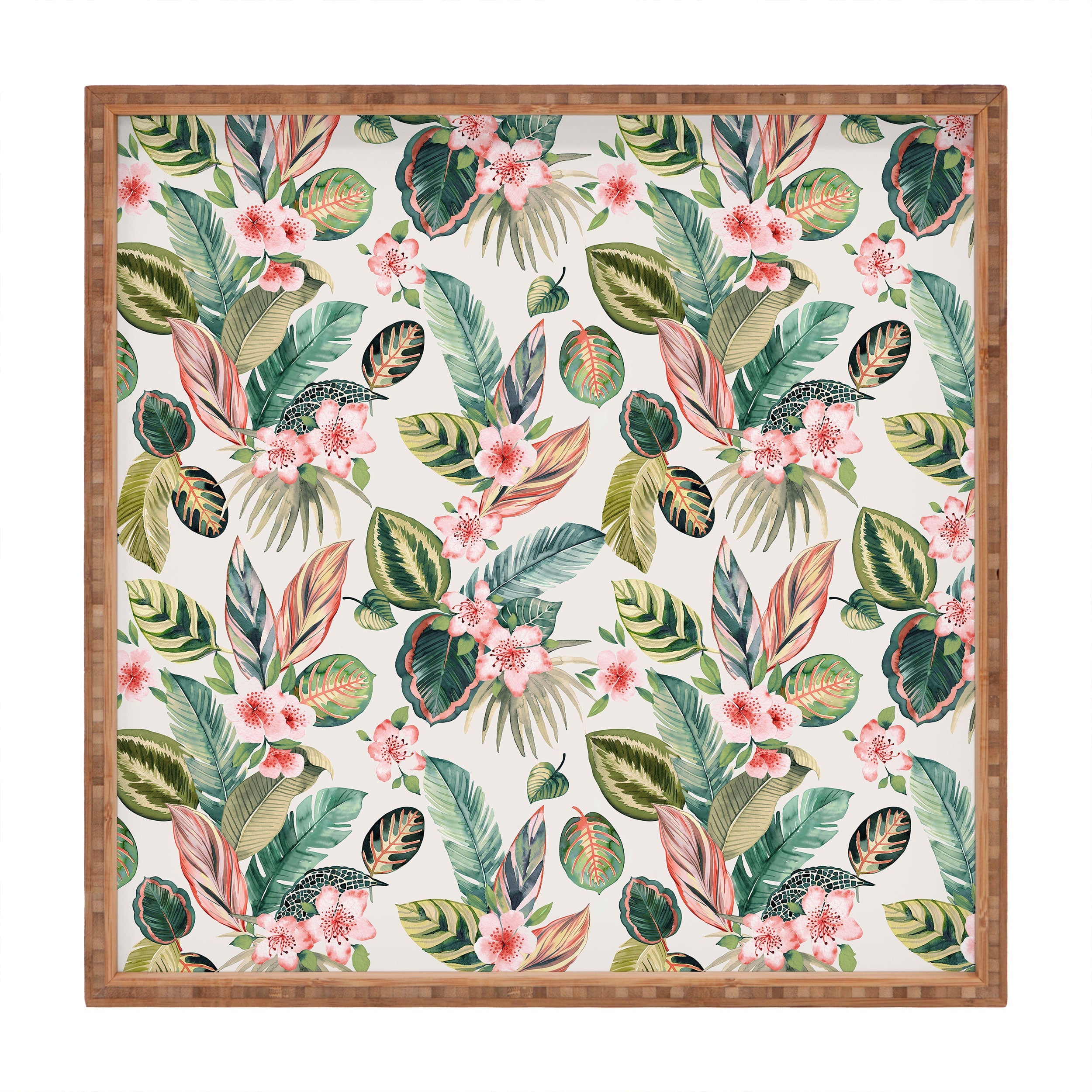 Ninola Design Botanic Retreat Tropical Leaves Flowers Pink Green Square Tray