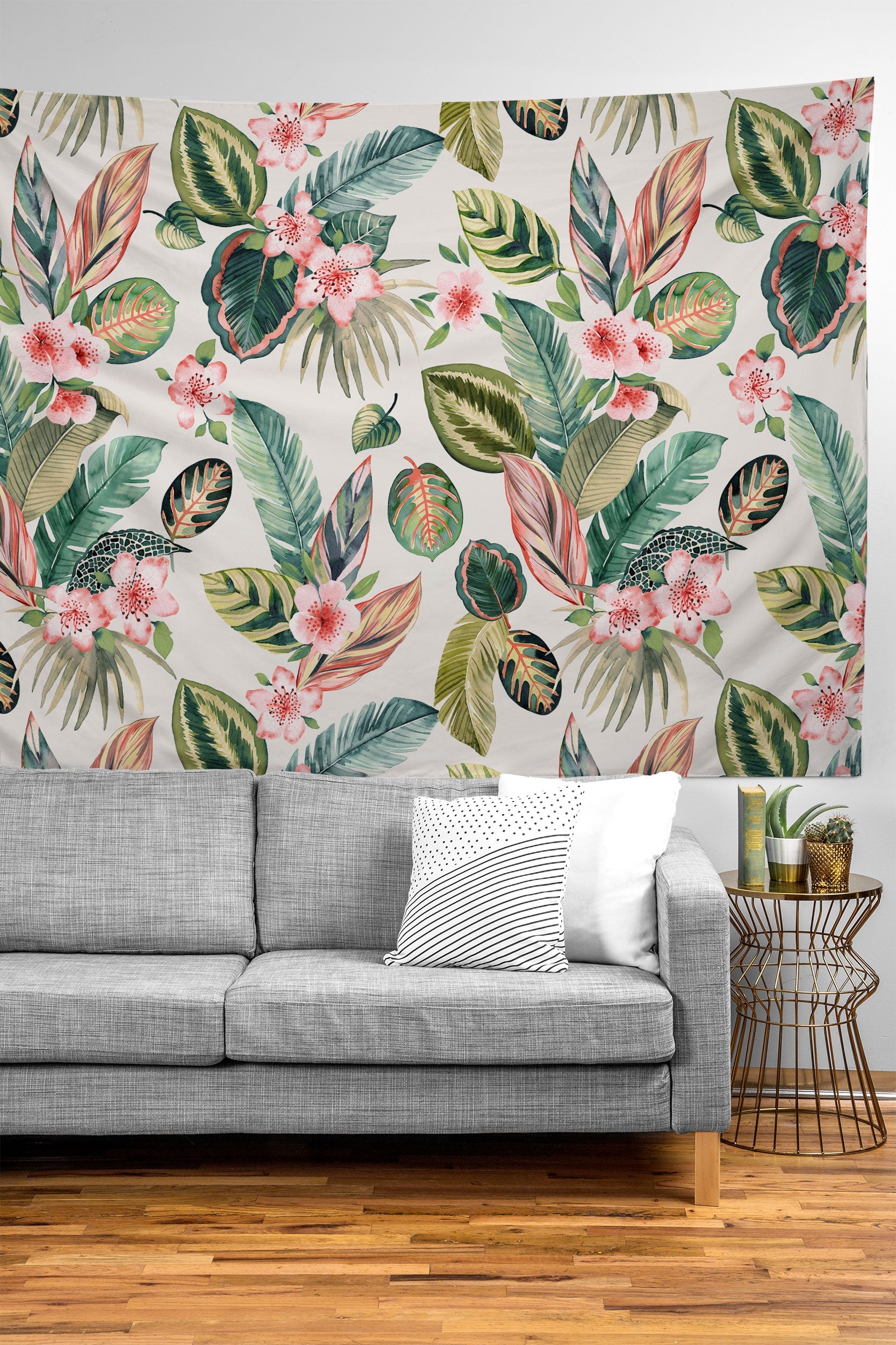Ninola Design Botanic Retreat Tropical Leaves Flowers Pink Green Tapestry