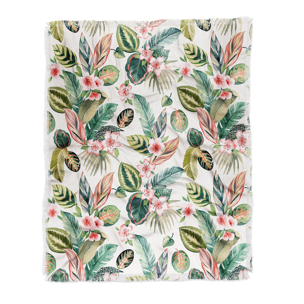 Ninola Design Botanic Retreat Tropical Leaves Flowers Pink Green Throw Blanket