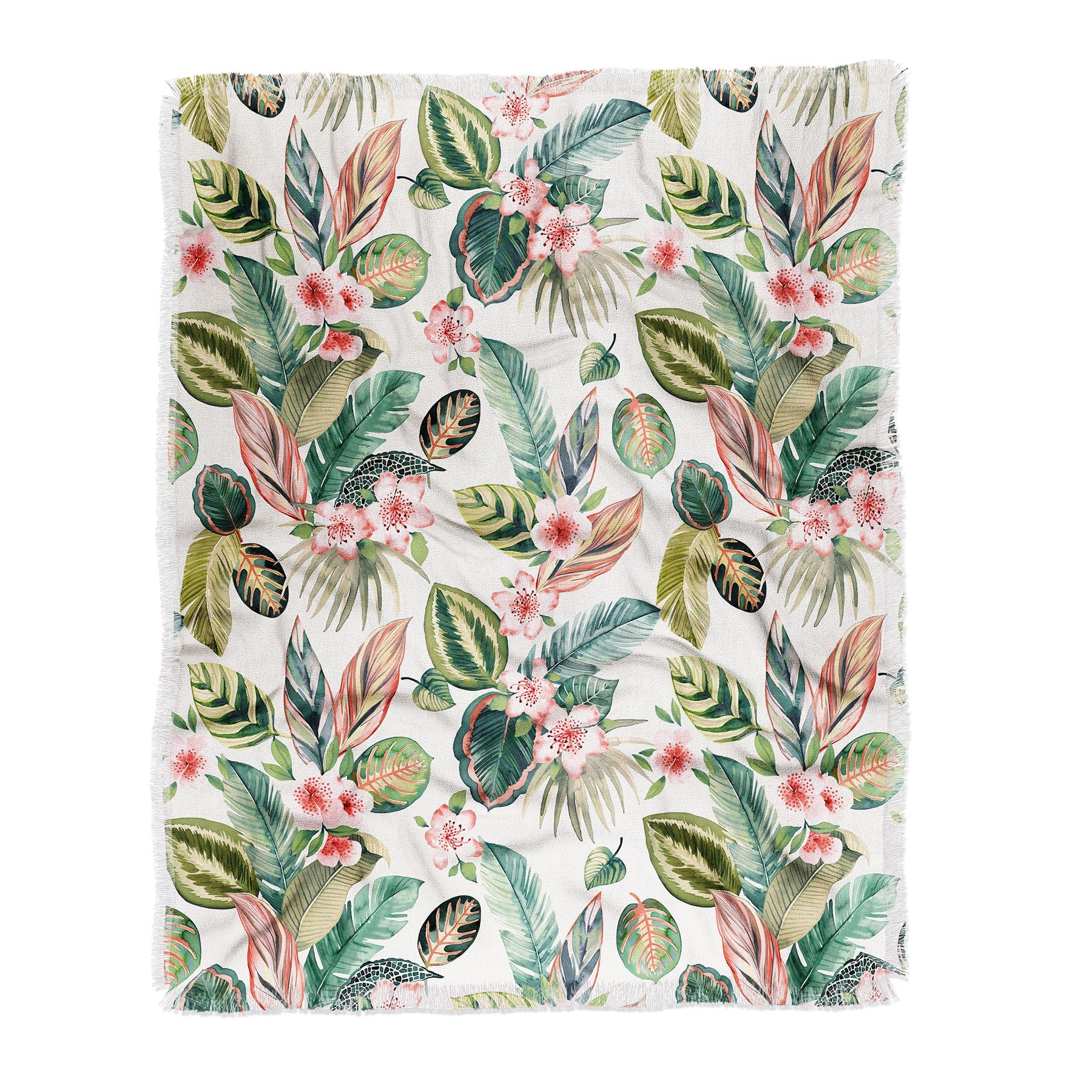 Ninola Design Botanic Retreat Tropical Leaves Flowers Pink Green Throw Blanket