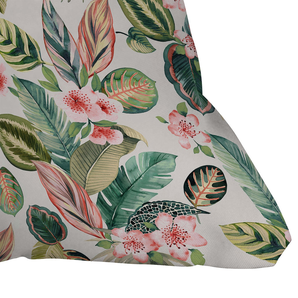 Ninola Design Botanic Retreat Tropical Leaves Flowers Pink Green Outdoor Throw Pillow