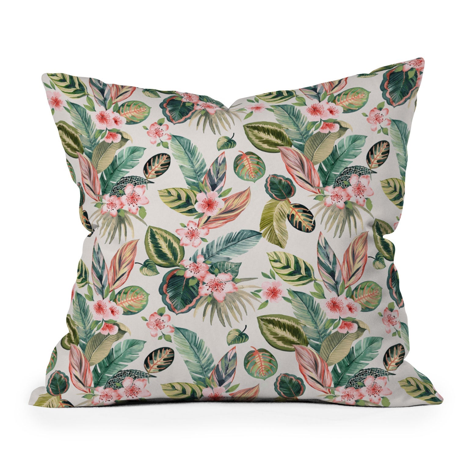 Ninola Design Botanic Retreat Tropical Leaves Flowers Pink Green Throw Pillow