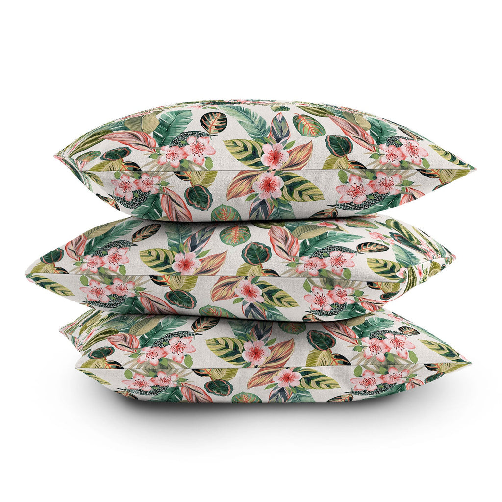 Ninola Design Botanic Retreat Tropical Leaves Flowers Pink Green Outdoor Throw Pillow