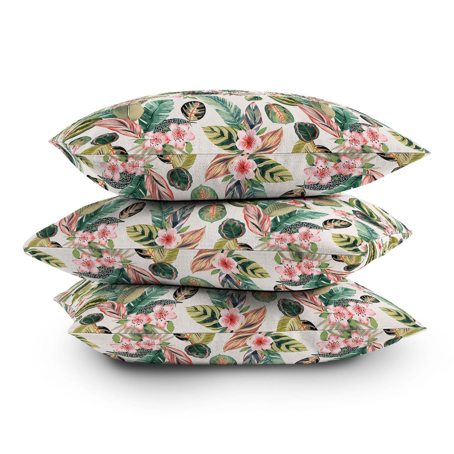 Ninola Design Botanic Retreat Tropical Leaves Flowers Pink Green Outdoor Throw Pillow