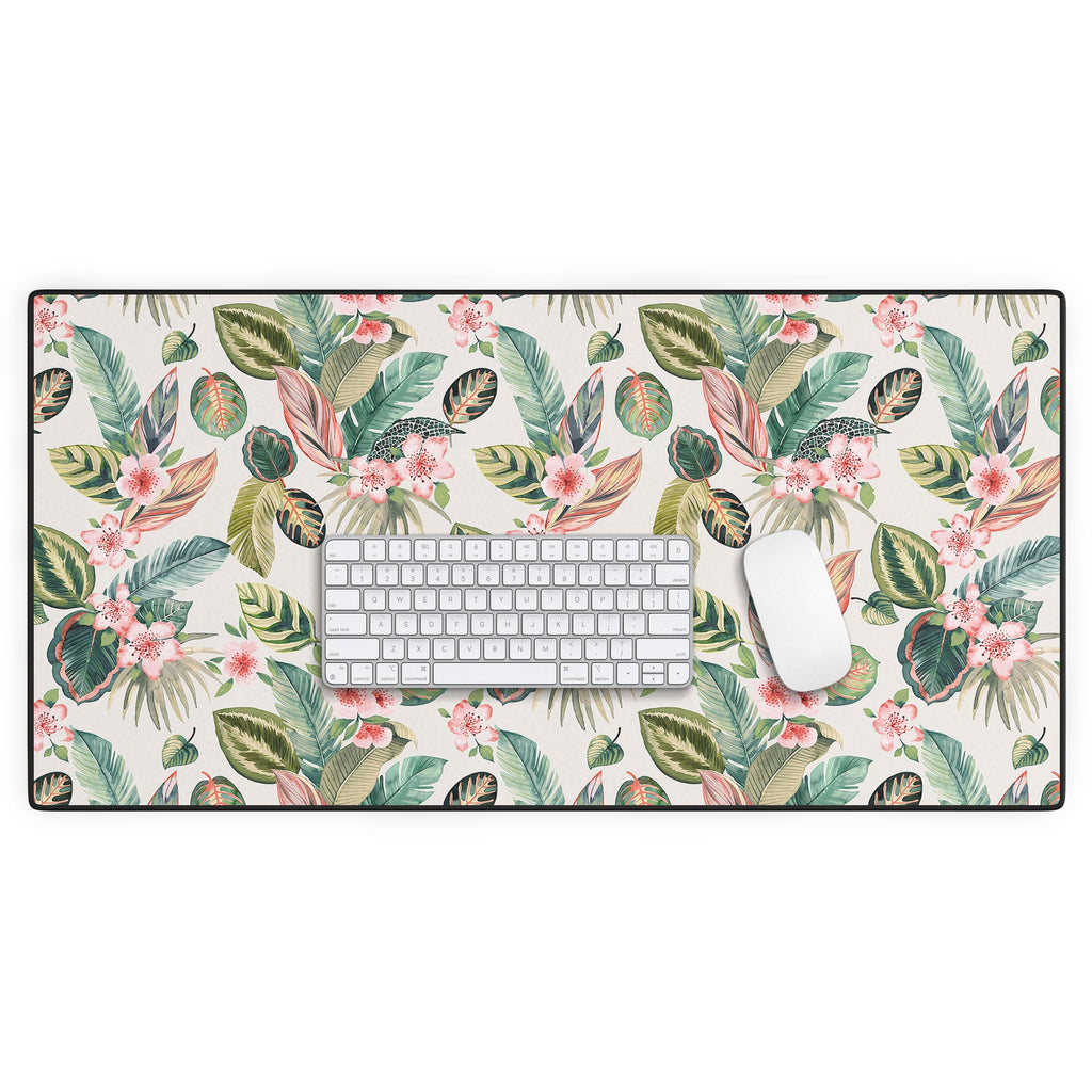 Ninola Design Botanic Retreat Tropical Leaves Flowers Pink Green Desk Mat