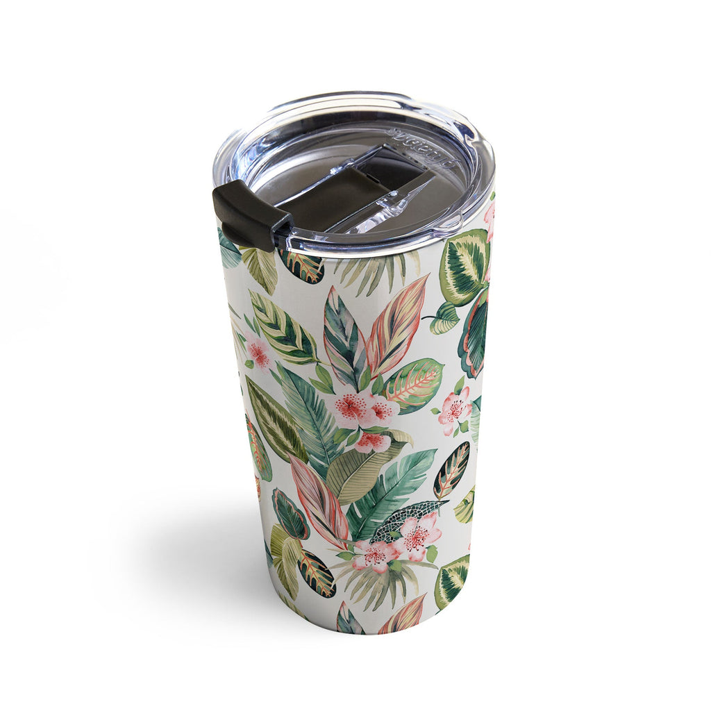 Ninola Design Botanic Retreat Tropical Leaves Flowers Pink Green Travel Mug