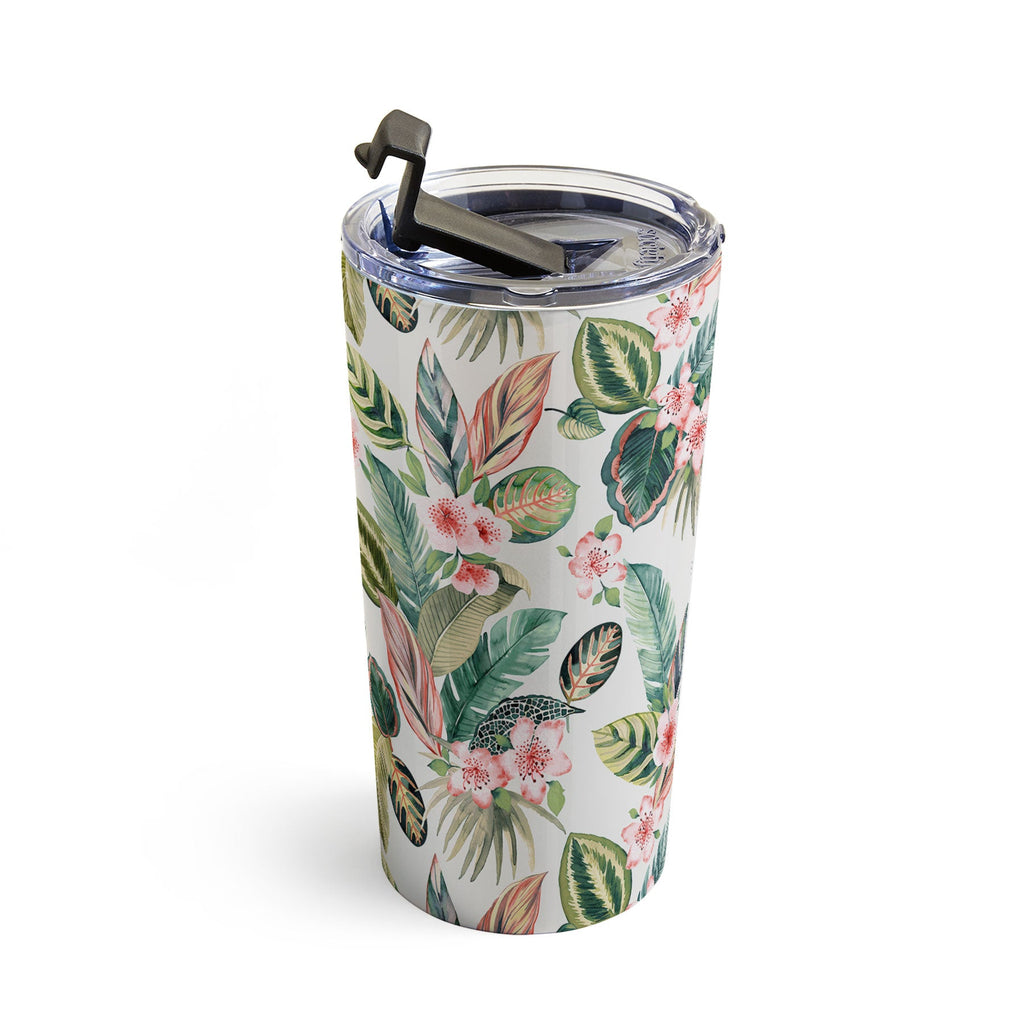 Ninola Design Botanic Retreat Tropical Leaves Flowers Pink Green Travel Mug