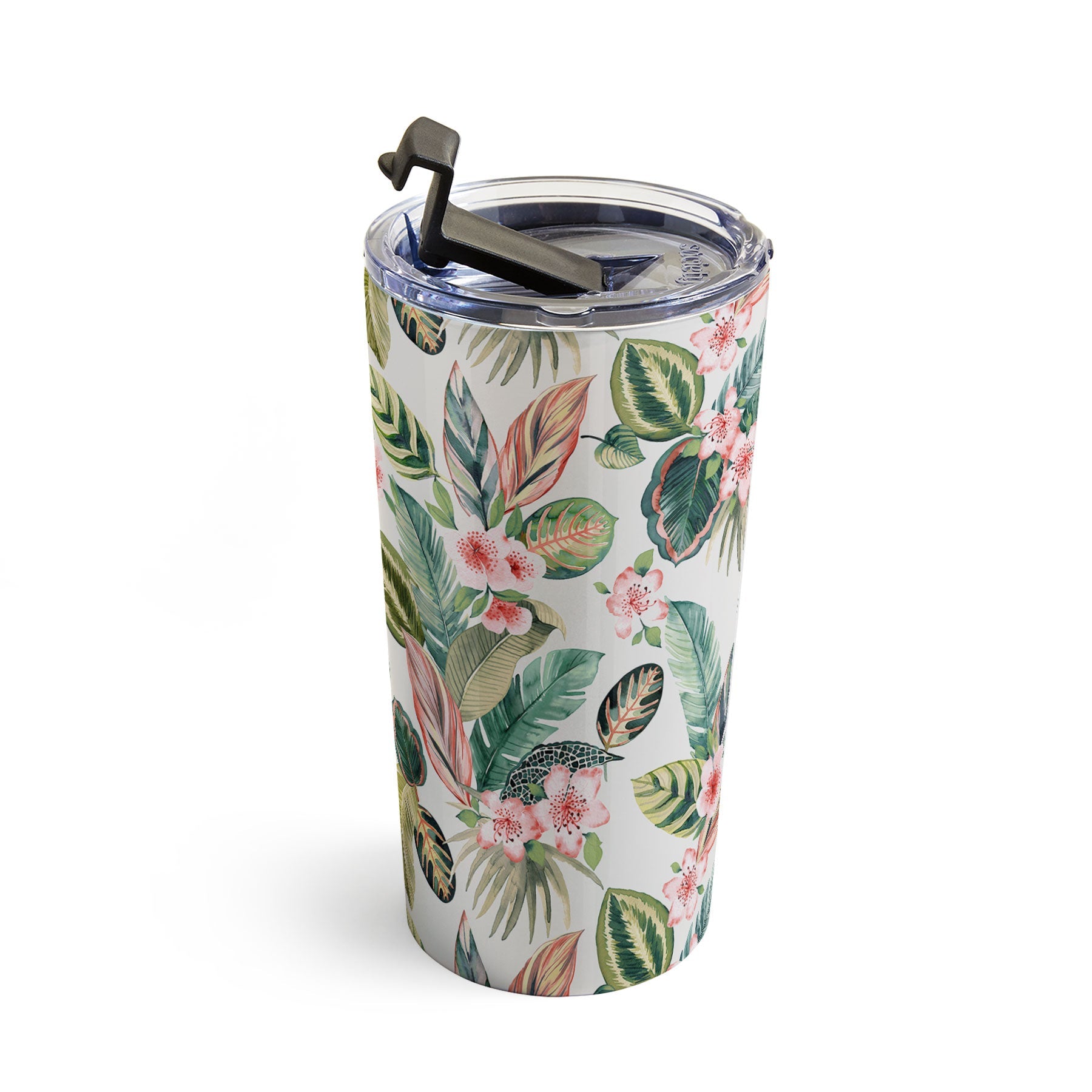 Ninola Design Botanic Retreat Tropical Leaves Flowers Pink Green Travel Mug
