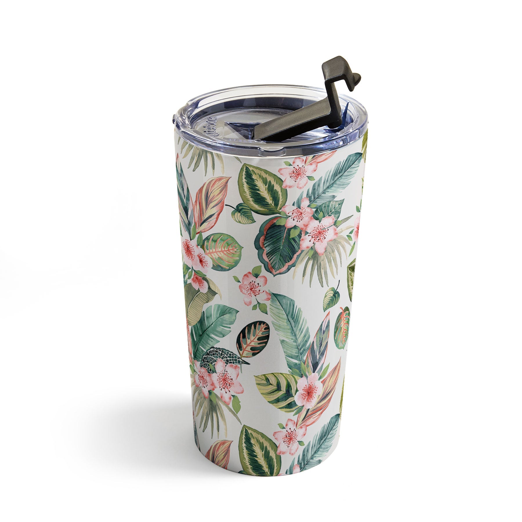 Ninola Design Botanic Retreat Tropical Leaves Flowers Pink Green Travel Mug