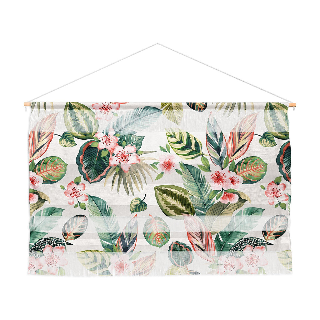 Ninola Design Botanic Retreat Tropical Leaves Flowers Pink Green Wall Hanging Landscape
