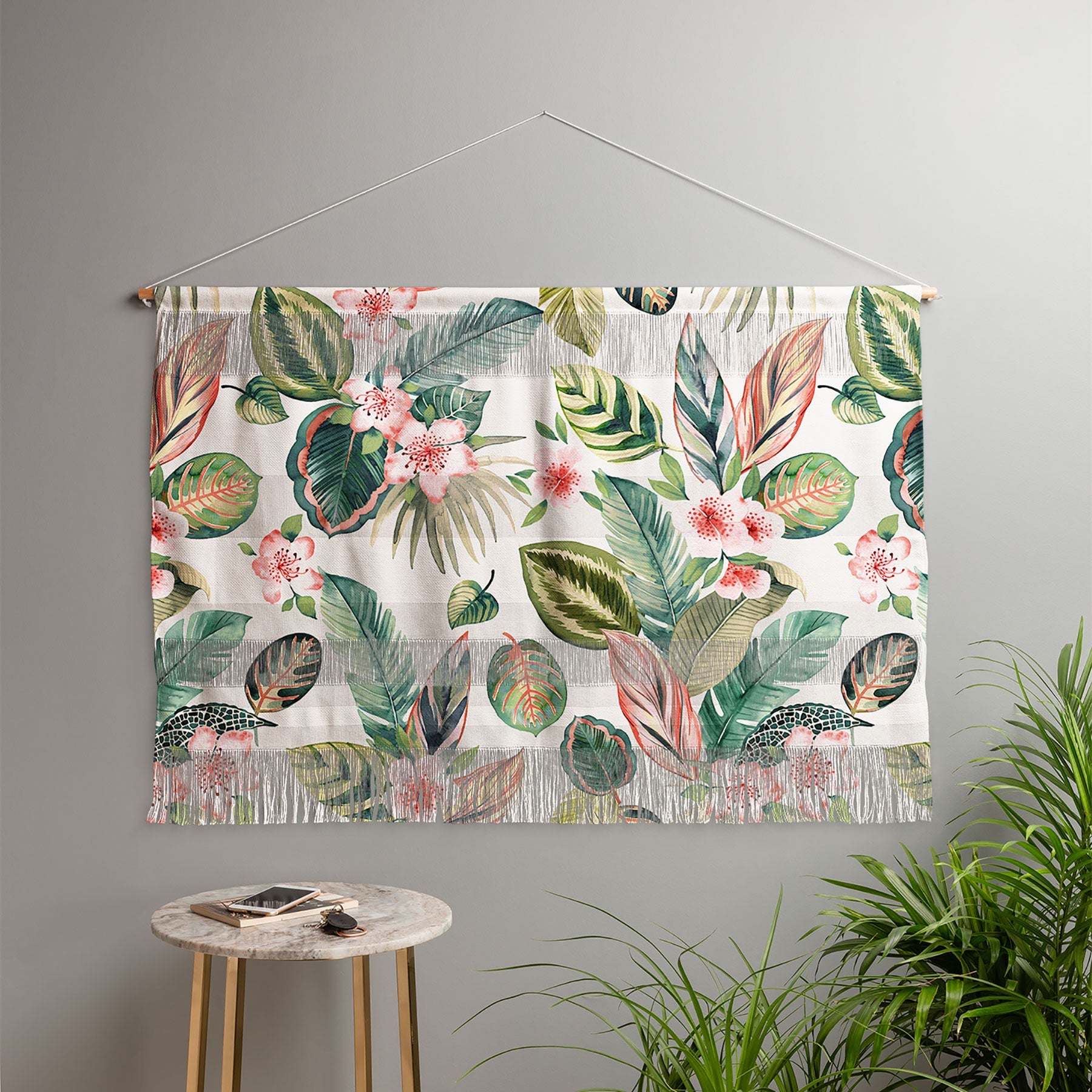 Ninola Design Botanic Retreat Tropical Leaves Flowers Pink Green Wall Hanging Landscape