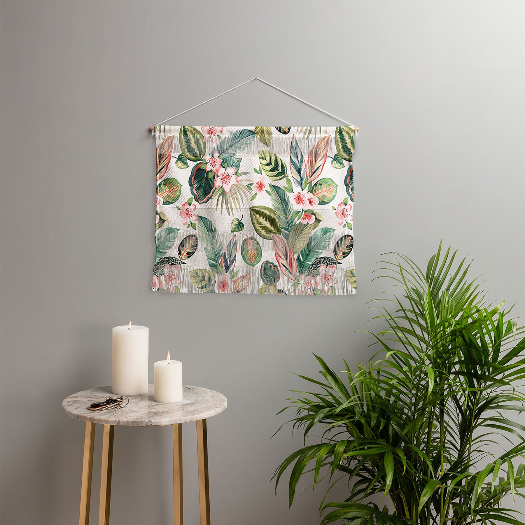 Ninola Design Botanic Retreat Tropical Leaves Flowers Pink Green Wall Hanging Landscape