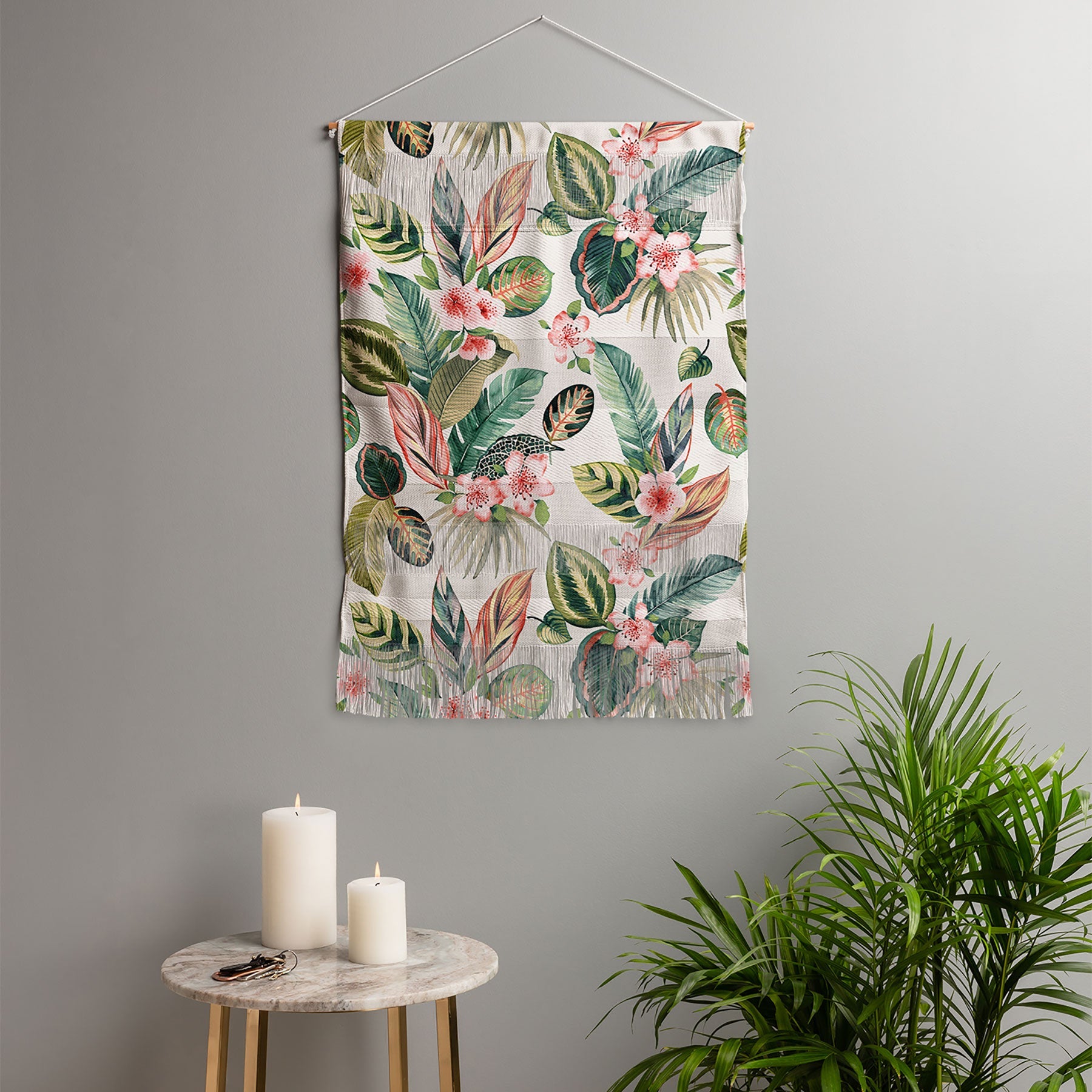 Ninola Design Botanic Retreat Tropical Leaves Flowers Pink Green Wall Hanging Portrait