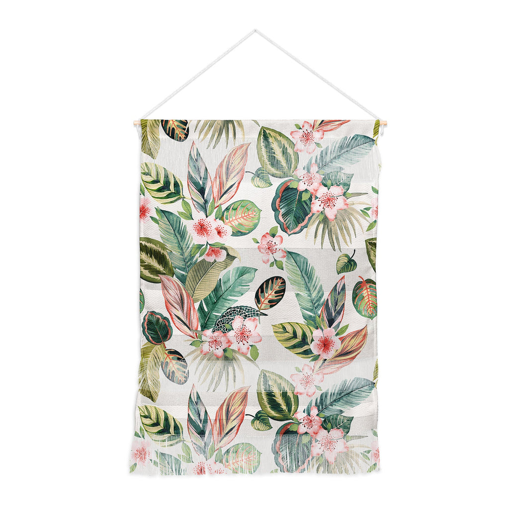 Ninola Design Botanic Retreat Tropical Leaves Flowers Pink Green Wall Hanging Portrait