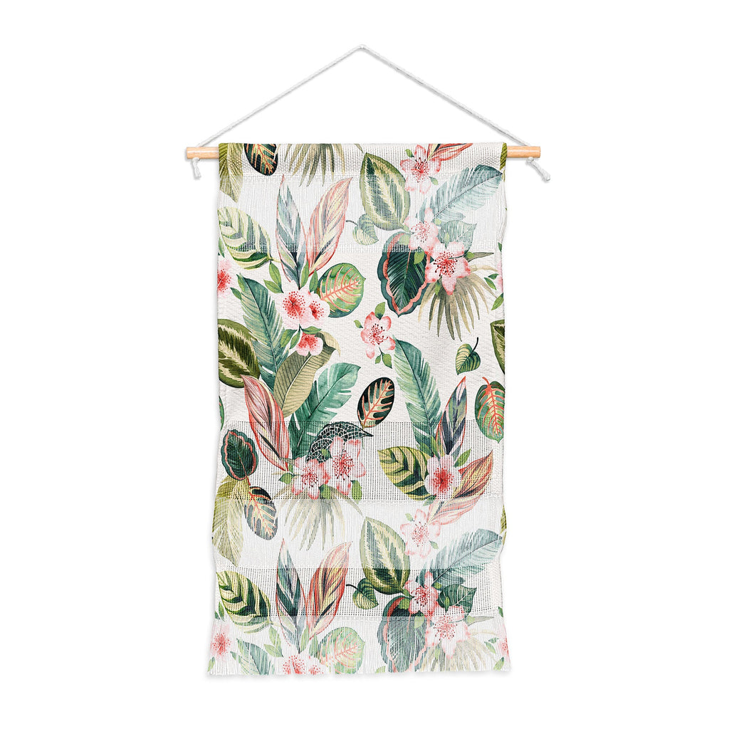 Ninola Design Botanic Retreat Tropical Leaves Flowers Pink Green Wall Hanging Portrait
