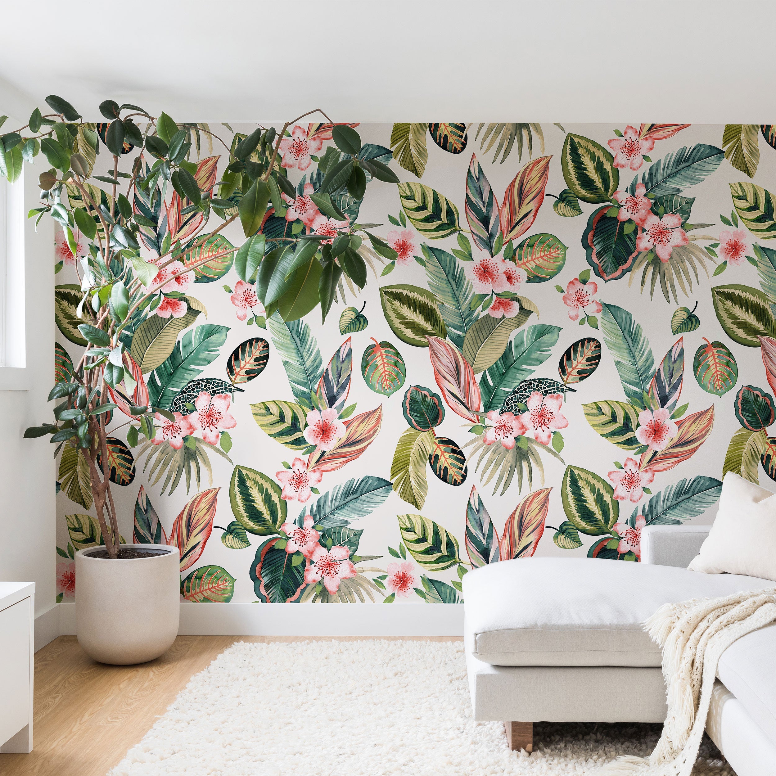 Ninola Design Botanic Retreat Tropical Leaves Flowers Pink Green Wall Mural