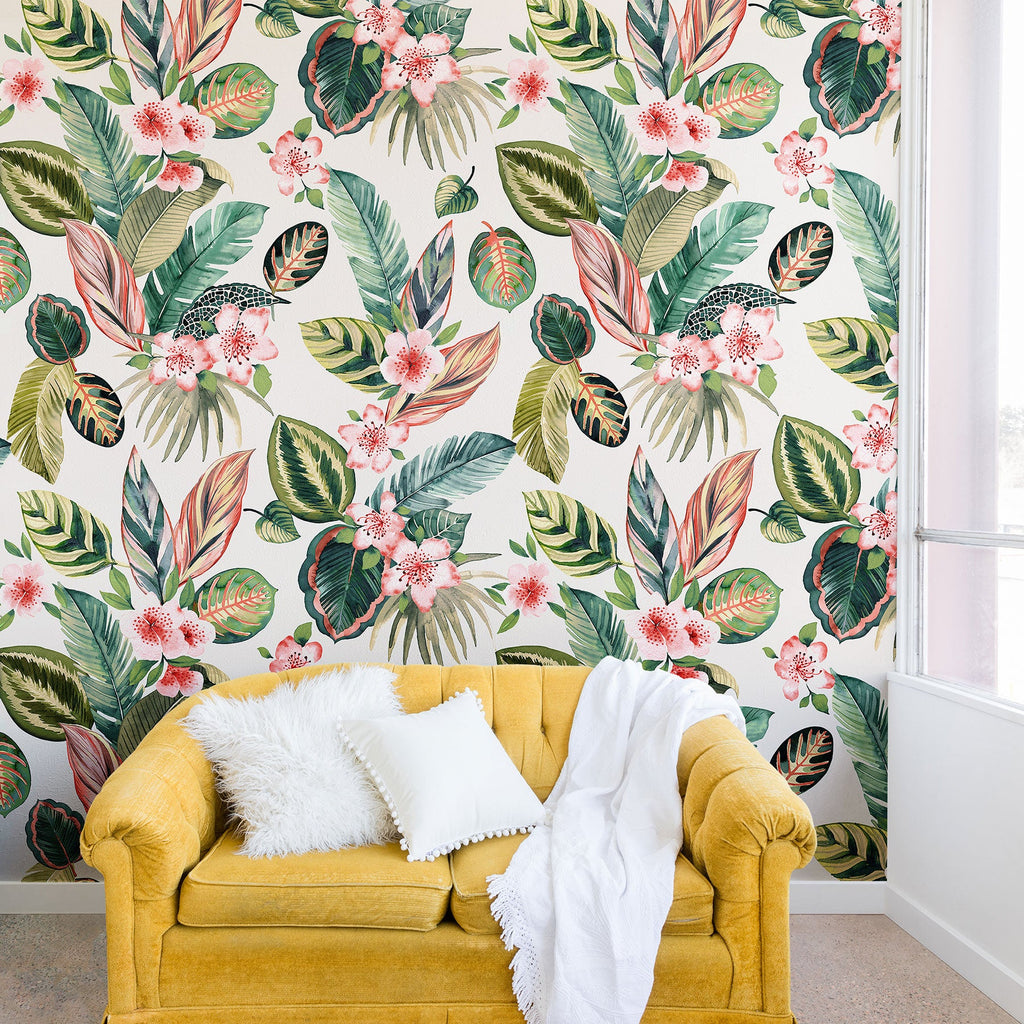 Ninola Design Botanic Retreat Tropical Leaves Flowers Pink Green Wall Mural