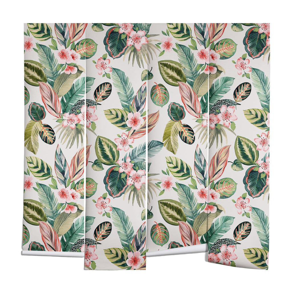Ninola Design Botanic Retreat Tropical Leaves Flowers Pink Green Wall Mural