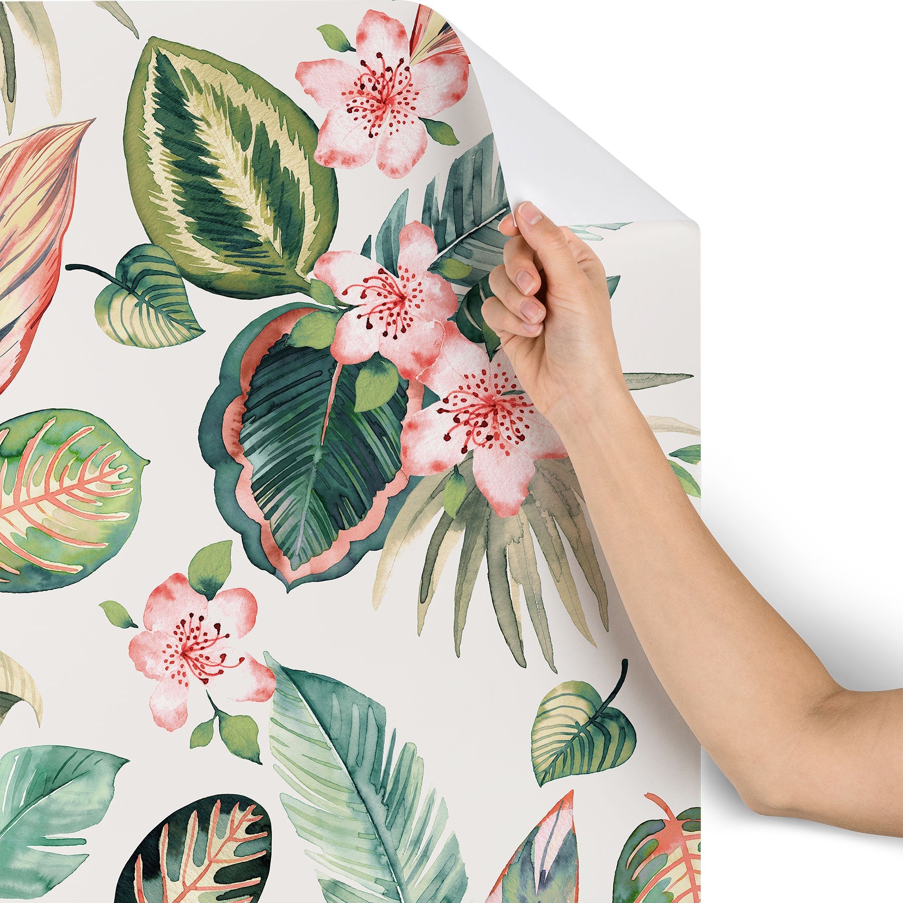 Ninola Design Botanic Retreat Tropical Leaves Flowers Pink Green Wallpaper