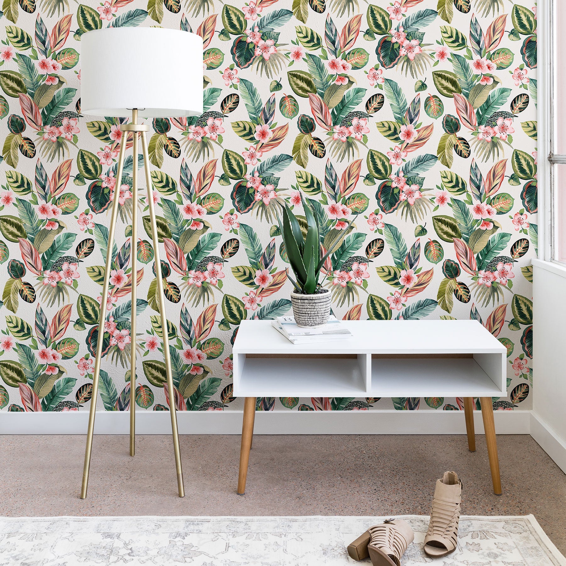 Ninola Design Botanic Retreat Tropical Leaves Flowers Pink Green Wallpaper