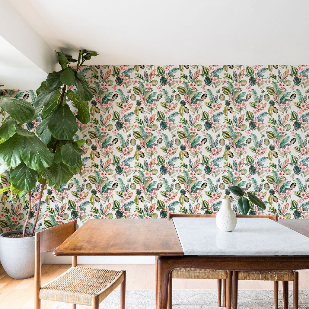 Ninola Design Botanic Retreat Tropical Leaves Flowers Pink Green Wallpaper