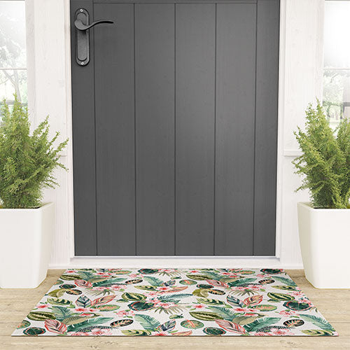Ninola Design Botanic Retreat Tropical Leaves Flowers Pink Green Welcome Mat