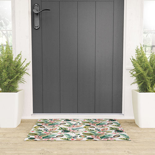 Ninola Design Botanic Retreat Tropical Leaves Flowers Pink Green Welcome Mat