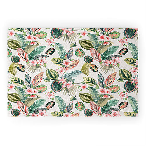 Ninola Design Botanic Retreat Tropical Leaves Flowers Pink Green Welcome Mat