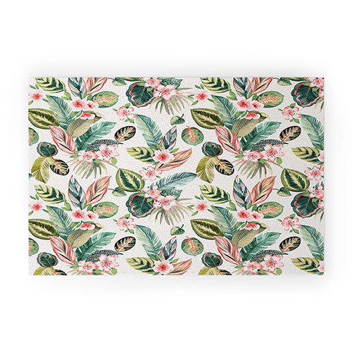 Ninola Design Botanic Retreat Tropical Leaves Flowers Pink Green Welcome Mat