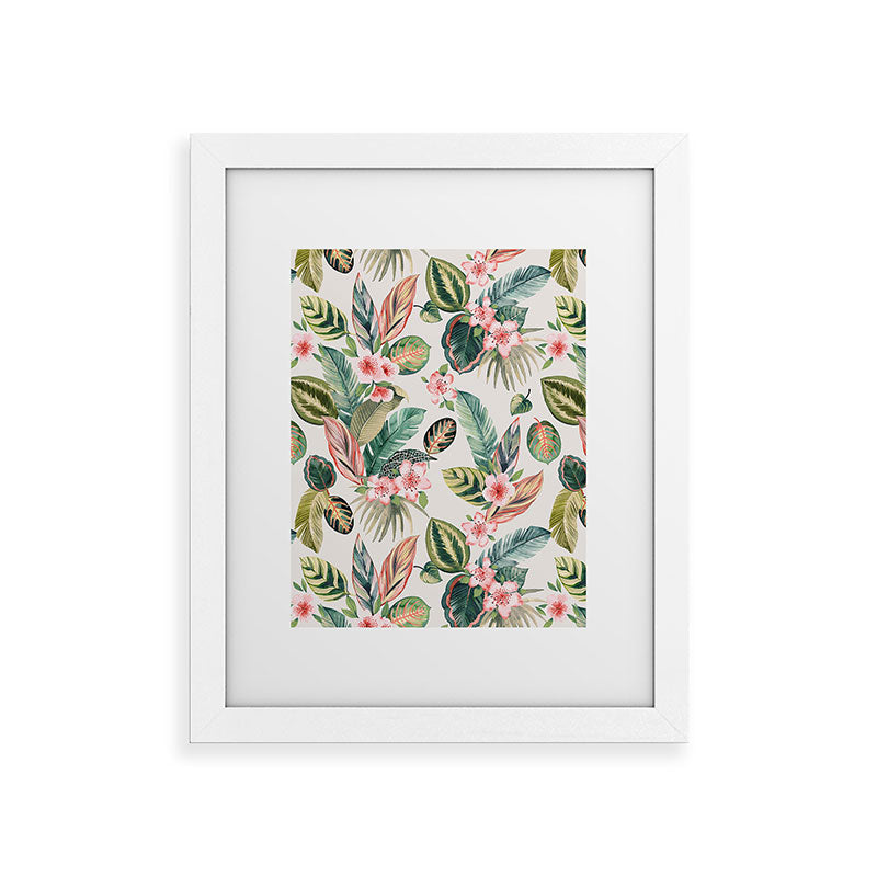Ninola Design Botanic Retreat Tropical Leaves Flowers Pink Green Framed Art Print