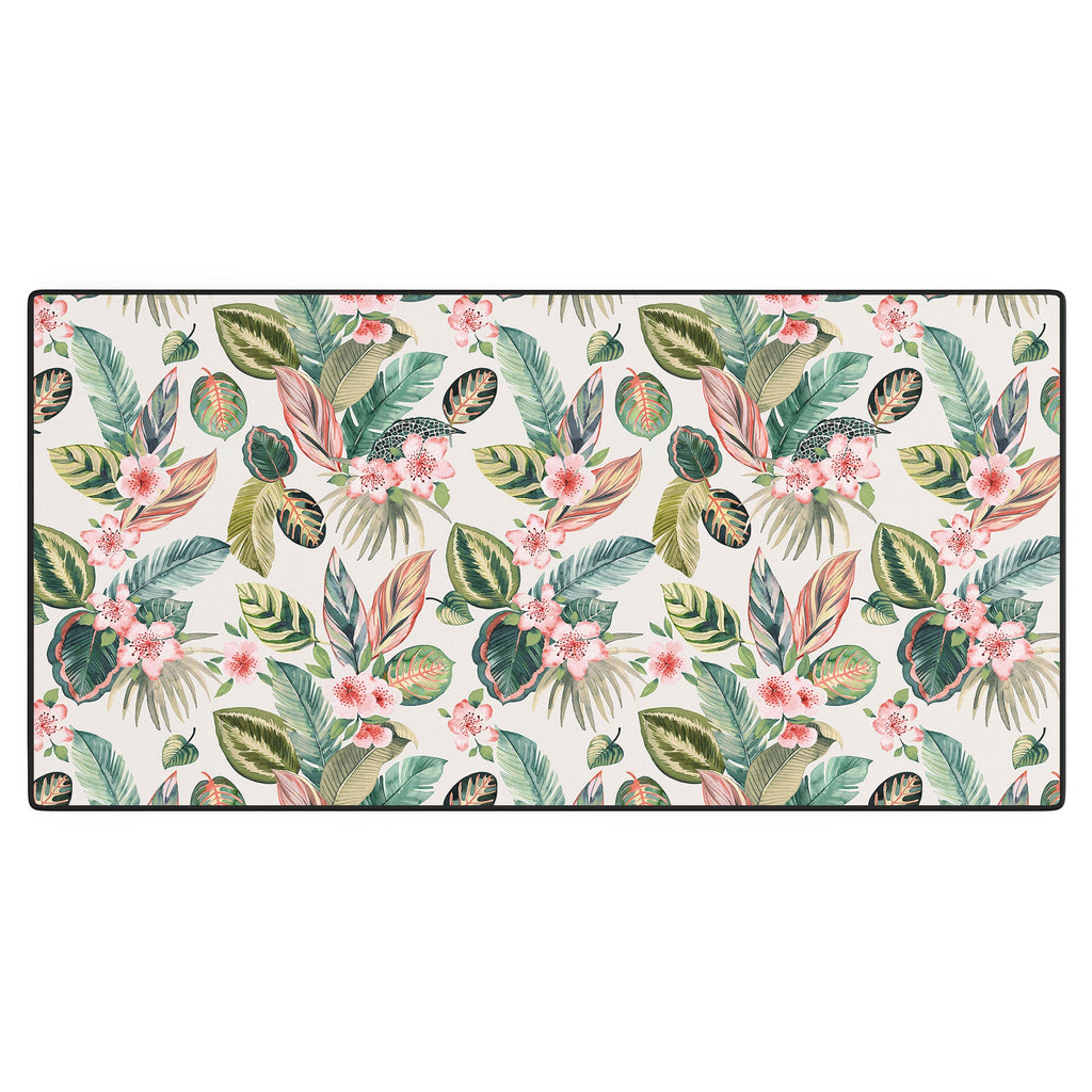Ninola Design Botanic Retreat Tropical Leaves Flowers Pink Green Desk Mat