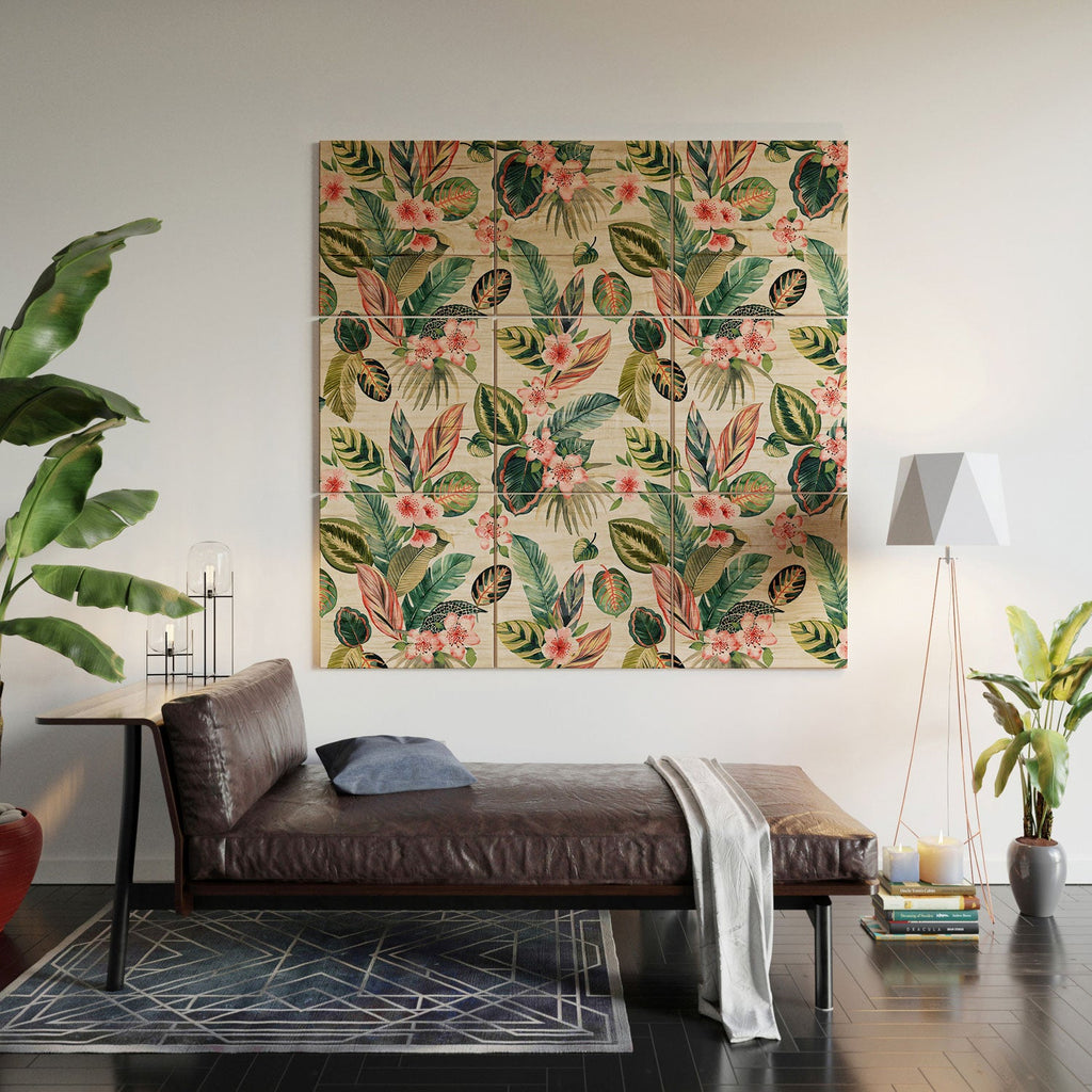 Ninola Design Botanic Retreat Tropical Leaves Flowers Pink Green Wood Wall Mural