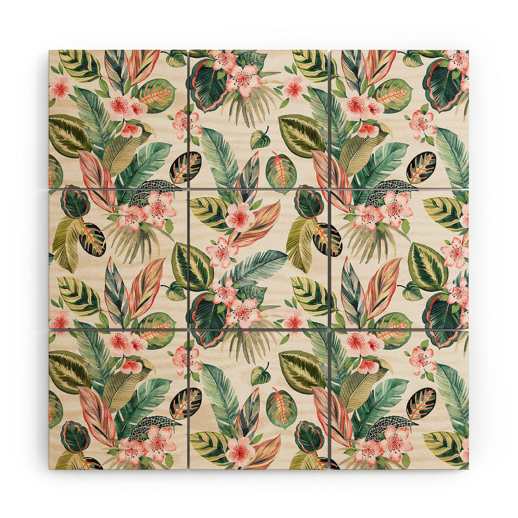 Ninola Design Botanic Retreat Tropical Leaves Flowers Pink Green Wood Wall Mural