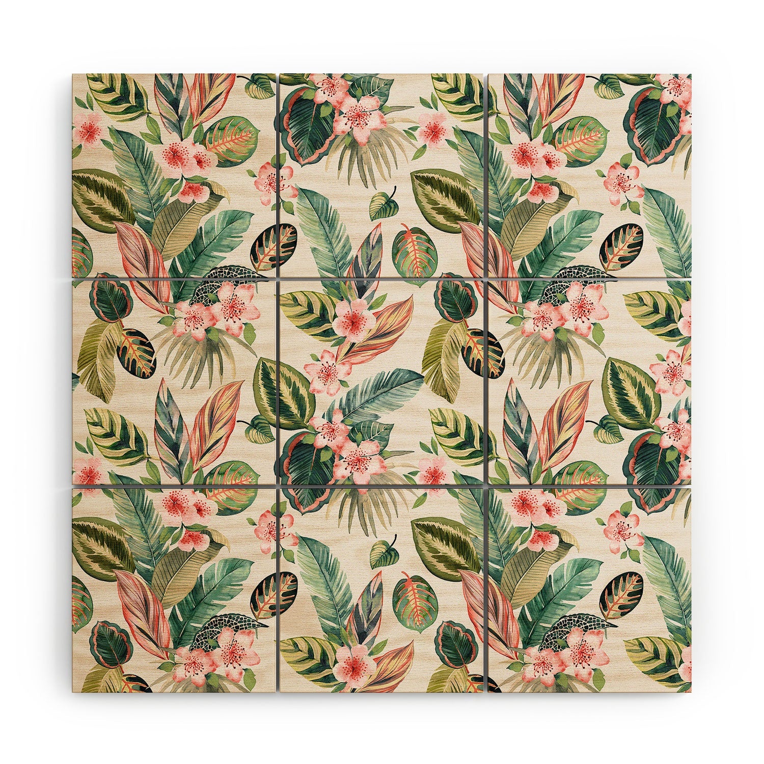 Ninola Design Botanic Retreat Tropical Leaves Flowers Pink Green Wood Wall Mural