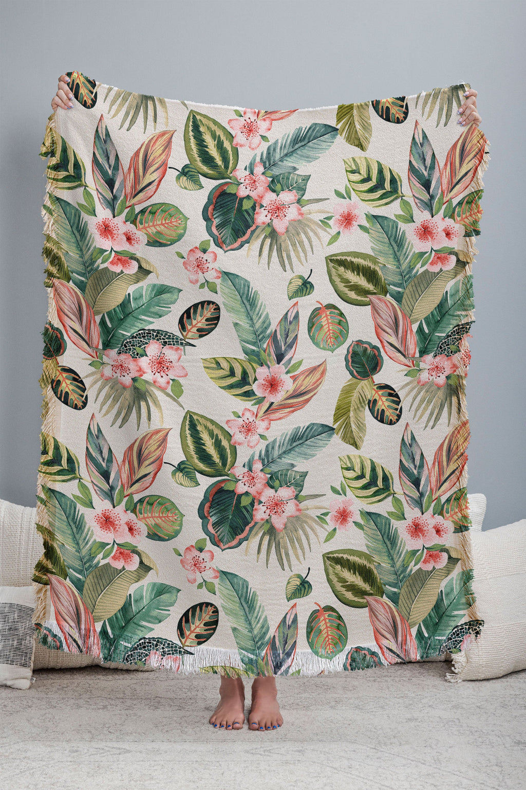 Ninola Design Botanic Retreat Tropical Leaves Flowers Pink Green Throw Blanket