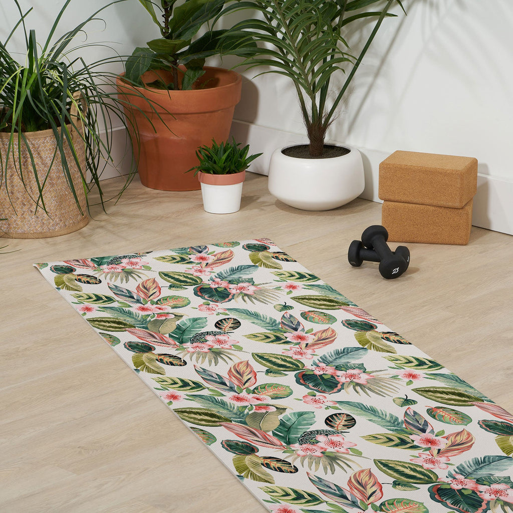 Ninola Design Botanic Retreat Tropical Leaves Flowers Pink Green Yoga Mat