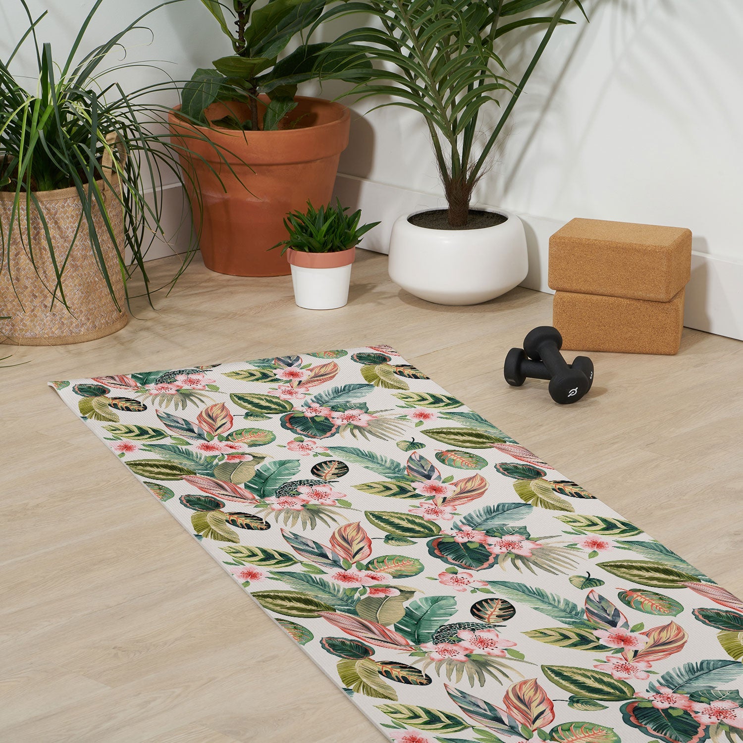 Ninola Design Botanic Retreat Tropical Leaves Flowers Pink Green Yoga Mat
