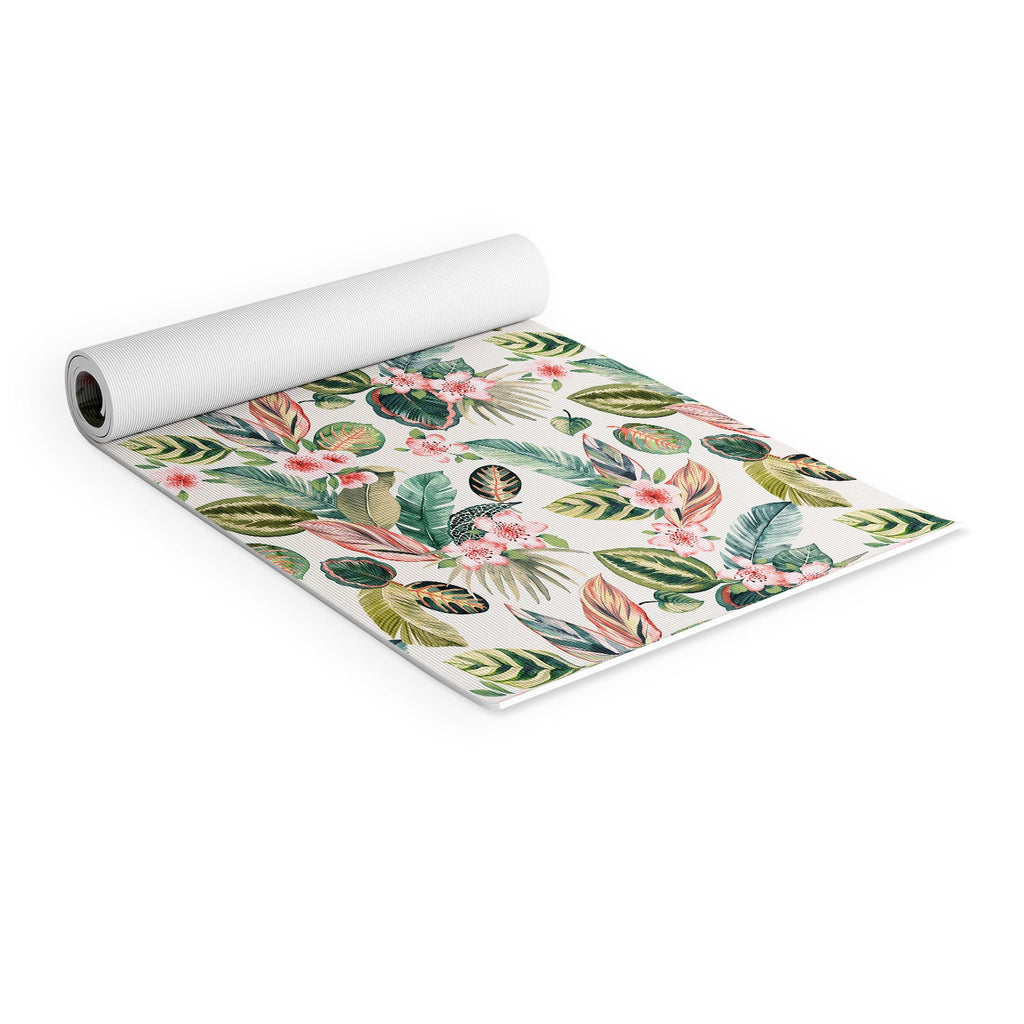 Ninola Design Botanic Retreat Tropical Leaves Flowers Pink Green Yoga Mat