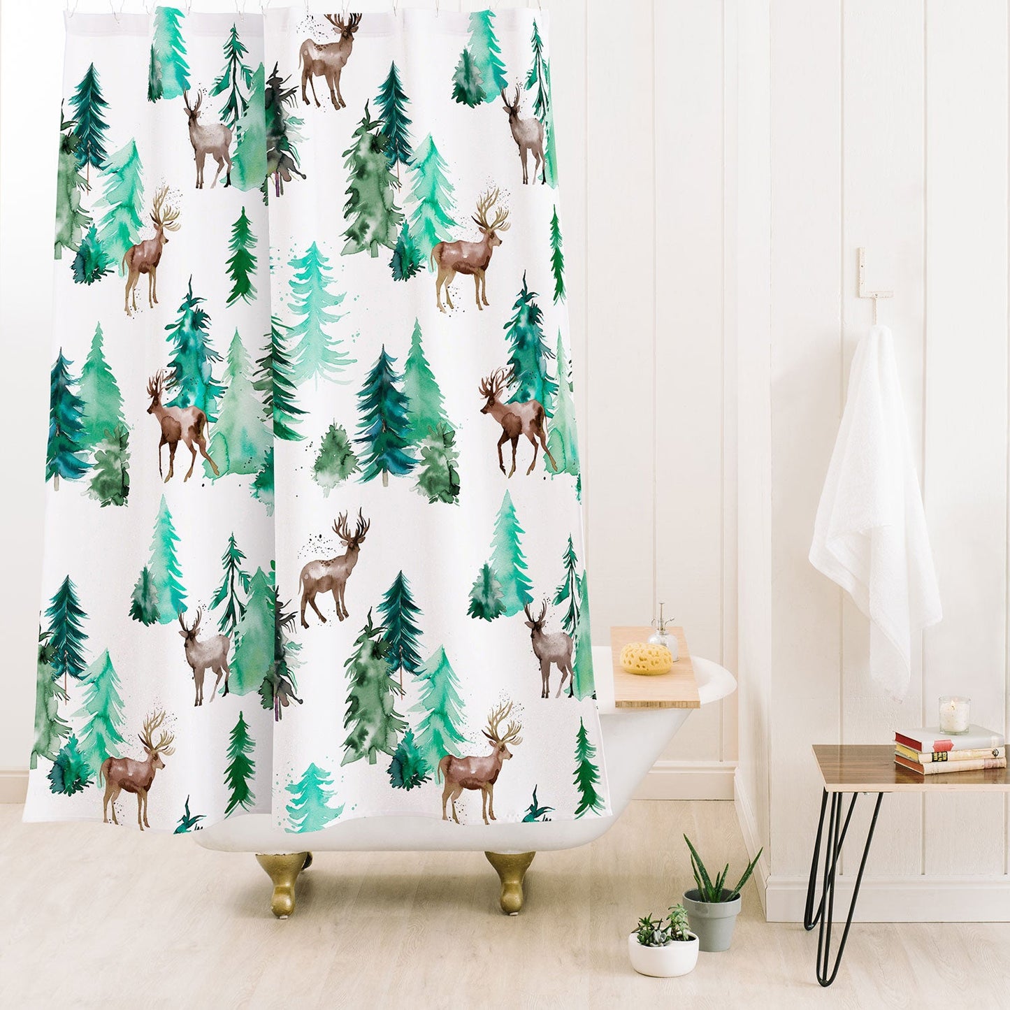 Ninola Design Deer Forest Watercolor Shower Curtain