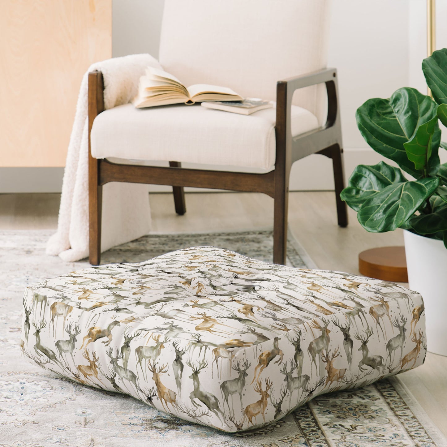 Ninola Design Watercolor Deers Golden Floor Pillow Square