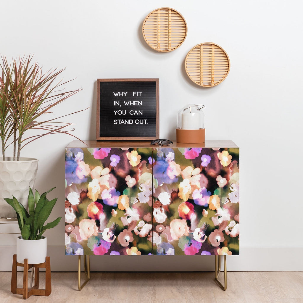 Ninola Design Botanic Retreat Ombre Abstract Watercolor Flowers Pink gold Credenza
