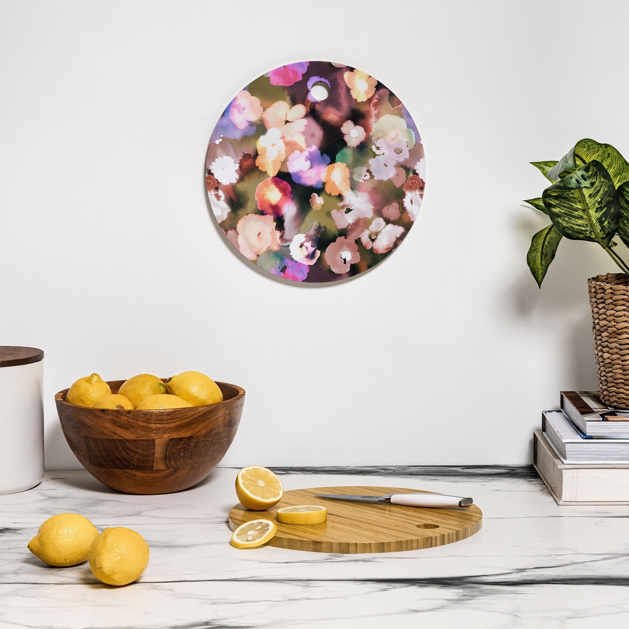 Ninola Design Botanic Retreat Ombre Abstract Watercolor Flowers Pink gold Cutting Board Round