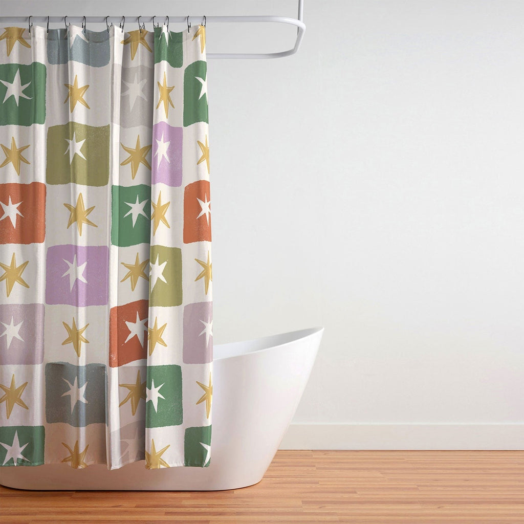 LouBruzzoni Retro Star Block Pattern Shower Curtain