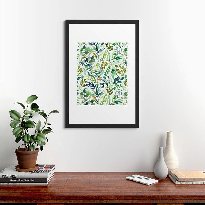 Ninola Design Botanic Retreat Loose Botanical Leaves Watercolor Green Framed Art Print